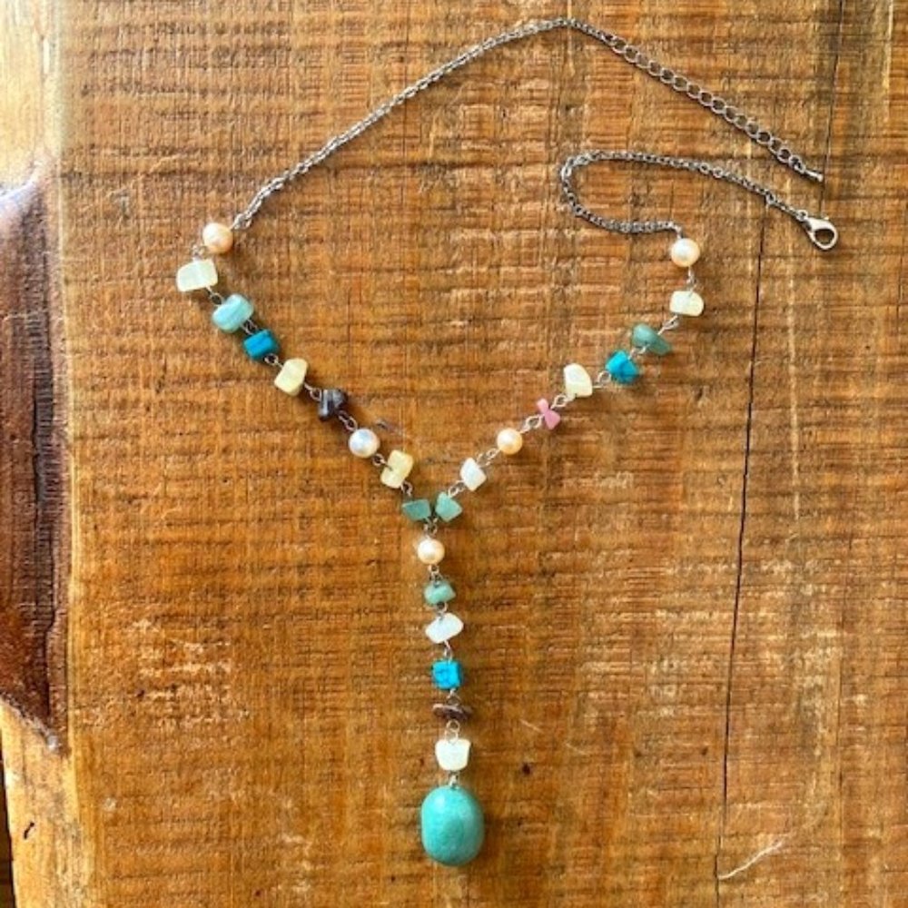 Hand Beaded Multi-Color Stone Lavalier Necklace